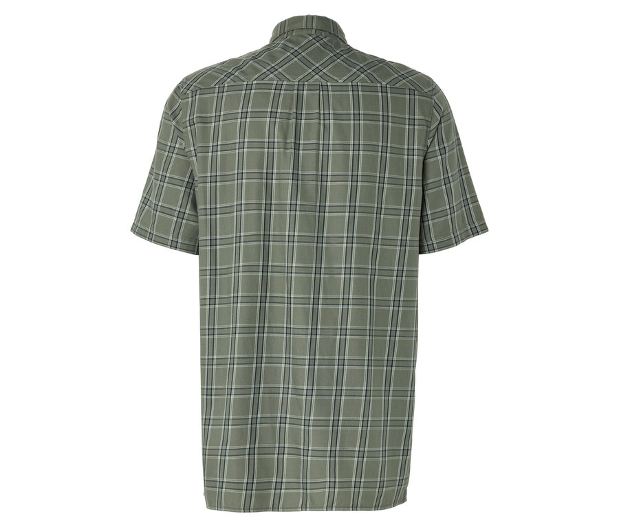Vue arrière d'une chemise à manches courtes vert olive à carreaux.