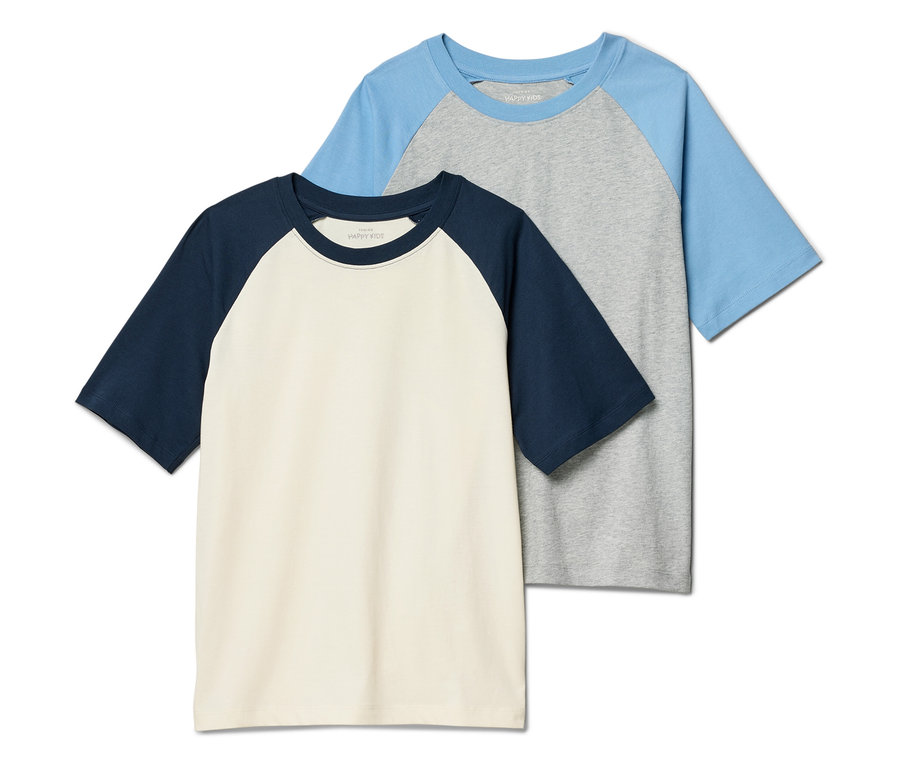 Deux t-shirts à manches courtes superposés, un bleu marine et crème, l'autre gris et bleu clair.