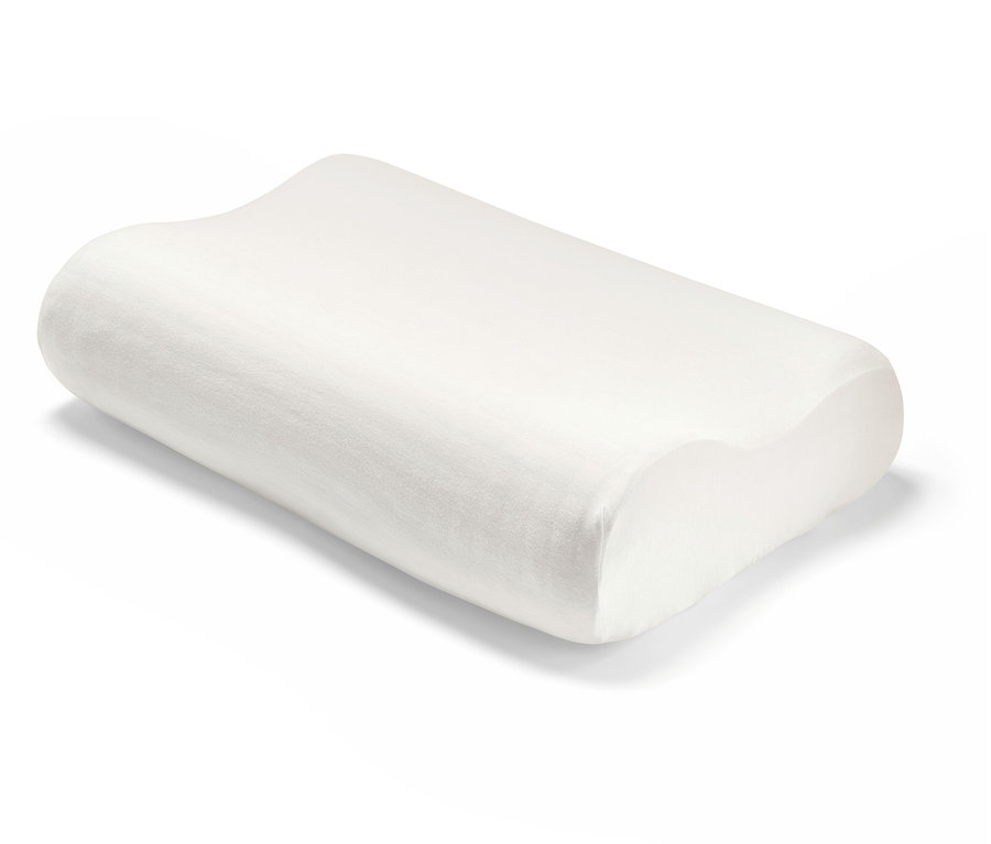 Un oreiller orthopédique blanc unique repose sur un fond blanc.