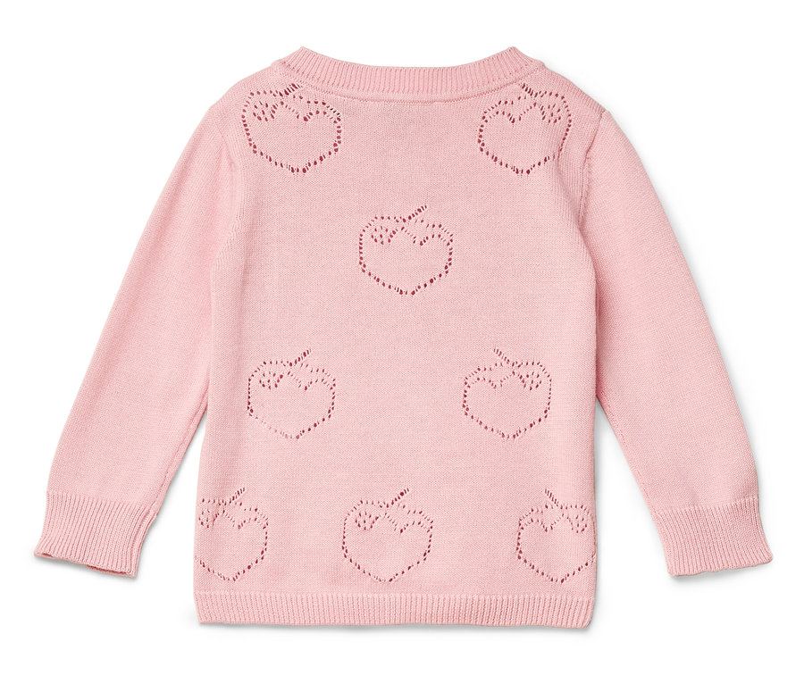 Gilet rose en tricot avec motif ajouré en forme de pommes.