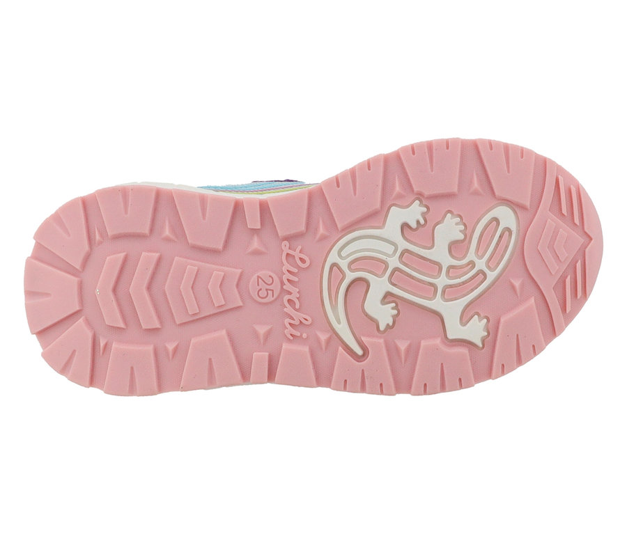 Semelle de la basket LURCHI « Anni » avec semelle rose et logo de salamandre blanc.