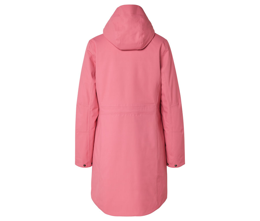 Vue arrière d'un manteau rose à capuche.