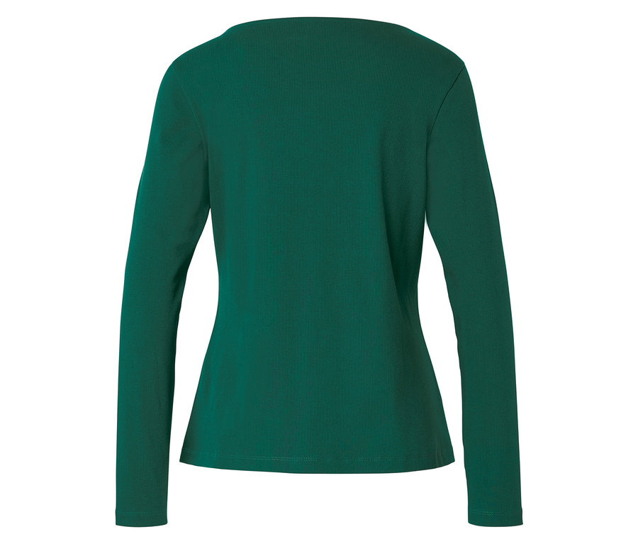 Vue arrière d'un t-shirt à manches longues vert émeraude côtelé avec un col rond sur fond blanc.