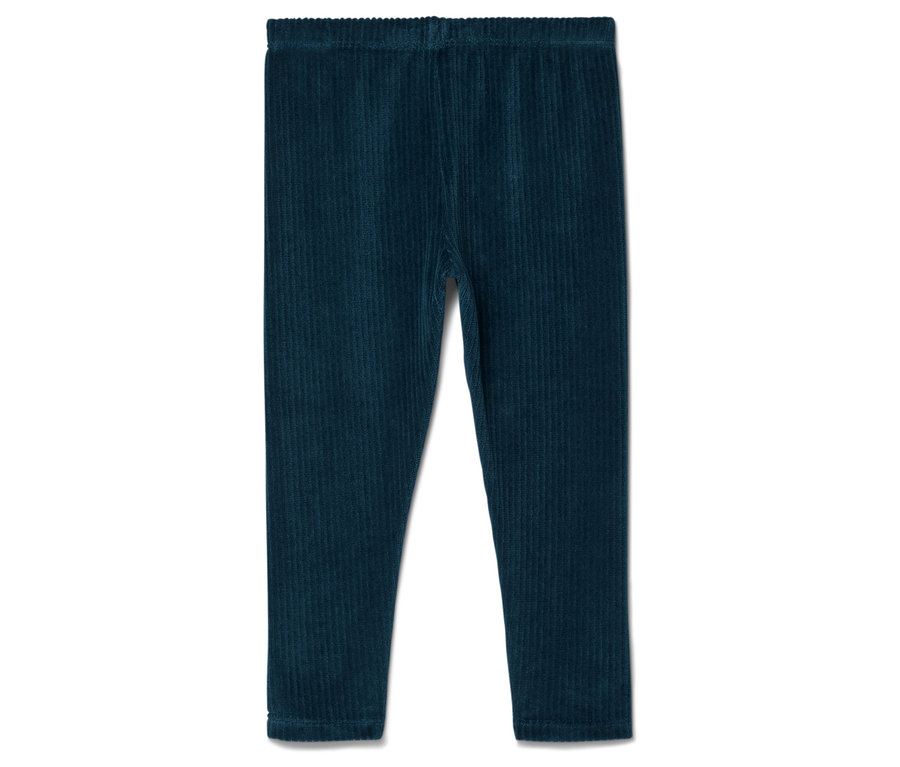 Un legging en velours côtelé bleu foncé sur fond blanc.