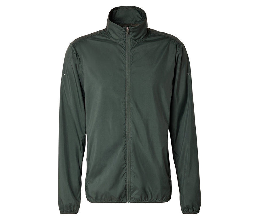 Veste de sport longue vert foncé avec fermeture éclair et col montant sur fond blanc.