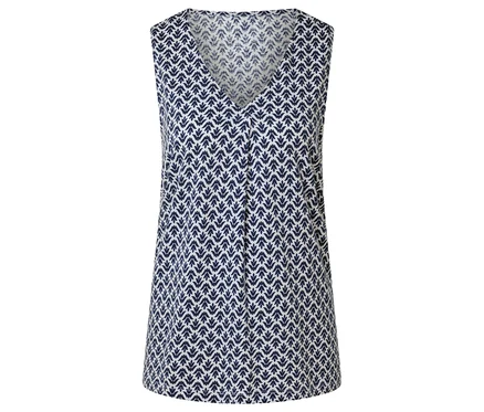 Un débardeur à col en V orné de motifs de flèches bleu marine et blanches.