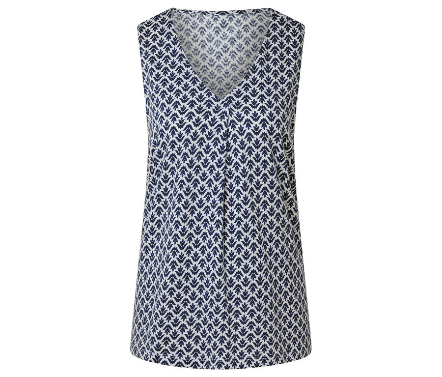 Un débardeur à col en V orné de motifs de flèches bleu marine et blanches.