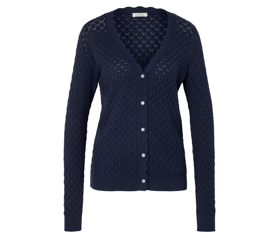 Gilet en tricot bleu marine avec encolure en V et boutons.