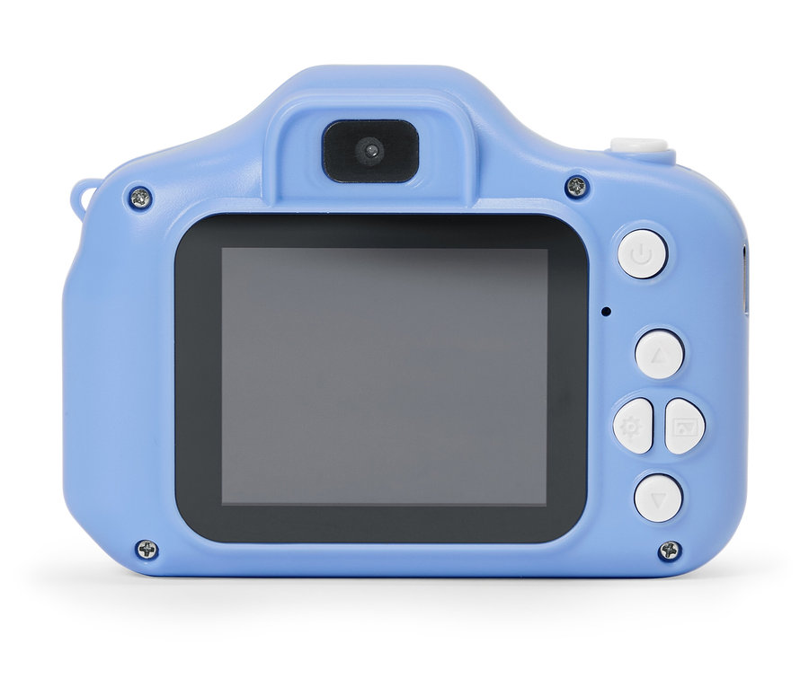 Vue arrière d'un appareil photo pour enfants bleu clair avec écran noir et boutons blancs sur fond blanc.