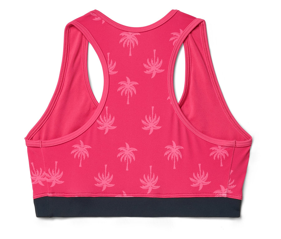 Vue arrière d'un soutien-gorge de sport rose avec un motif de palmiers et une bande grise.