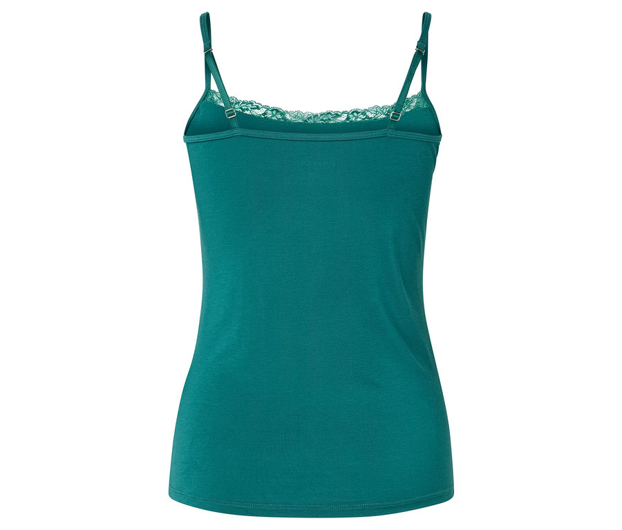 Vue arrière d'un débardeur turquoise avec de la dentelle à l'encolure et des bretelles réglables.