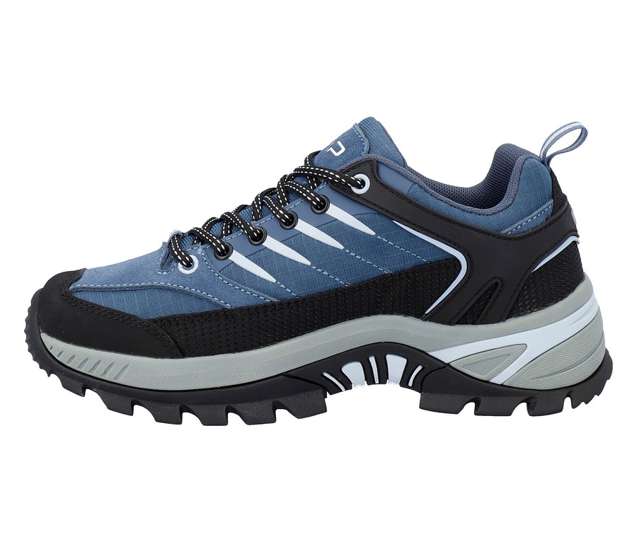 Chaussure de randonnée bleue avec lacets noirs, embout noir et semelle grise.