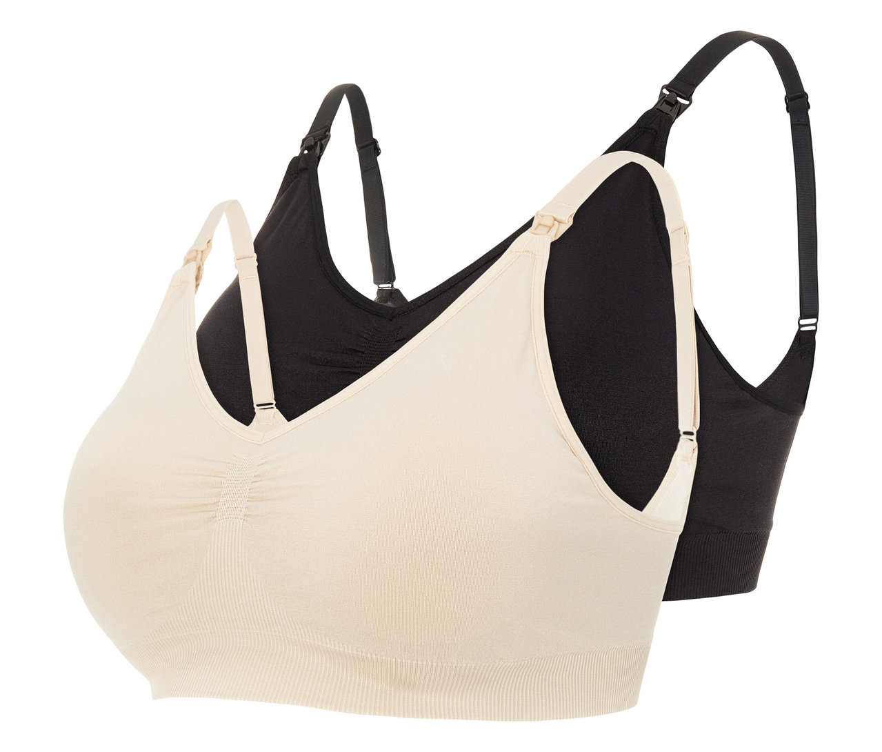 Deux soutiens-gorge d'allaitement MAMALICIOUS MLILJA FEED ME BRA 2-P NOOS, beige et noir, sont superposés.