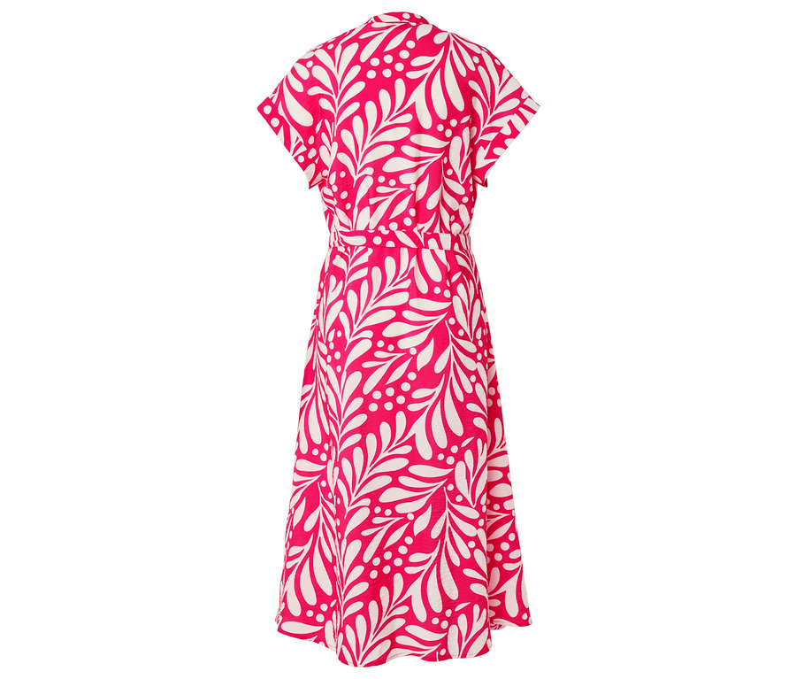 Vue arrière d'une robe rose à motif de feuilles blanches et ceinture à nouer.