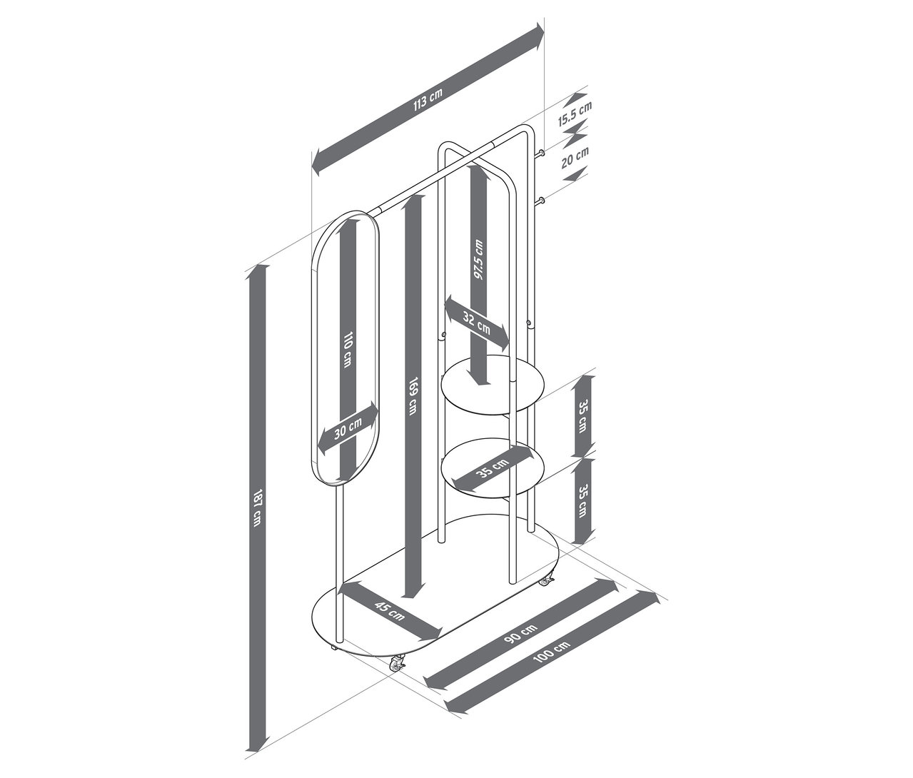 Image d'un porte-manteau sur roulettes avec un grand miroir et des mesures.