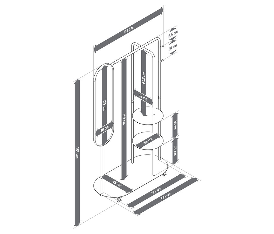 Image d'un porte-manteau sur roulettes avec un grand miroir et des mesures.