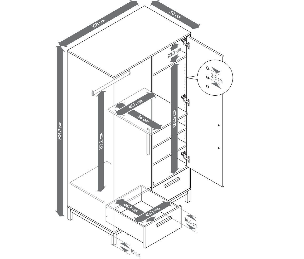 Schéma de l'armoire « Eklund » avec tiroirs et dimensions indiquées.