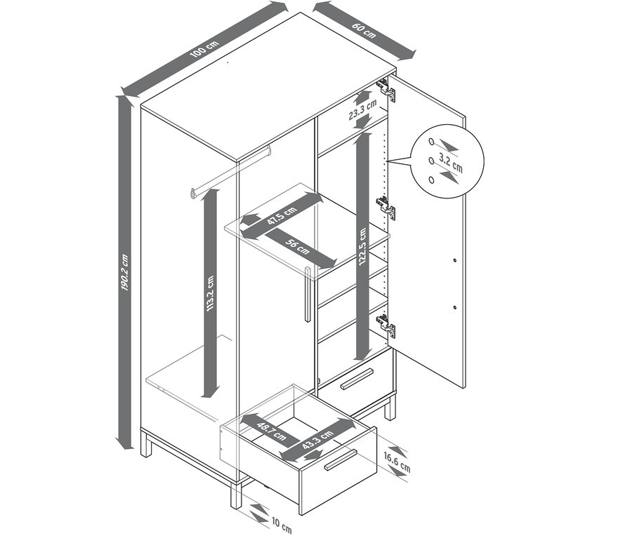 Schéma de l'armoire « Eklund » avec tiroirs et dimensions indiquées.