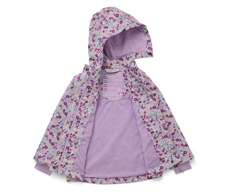 Veste ouverte pour enfant, violette, à fleurs et à capuche.