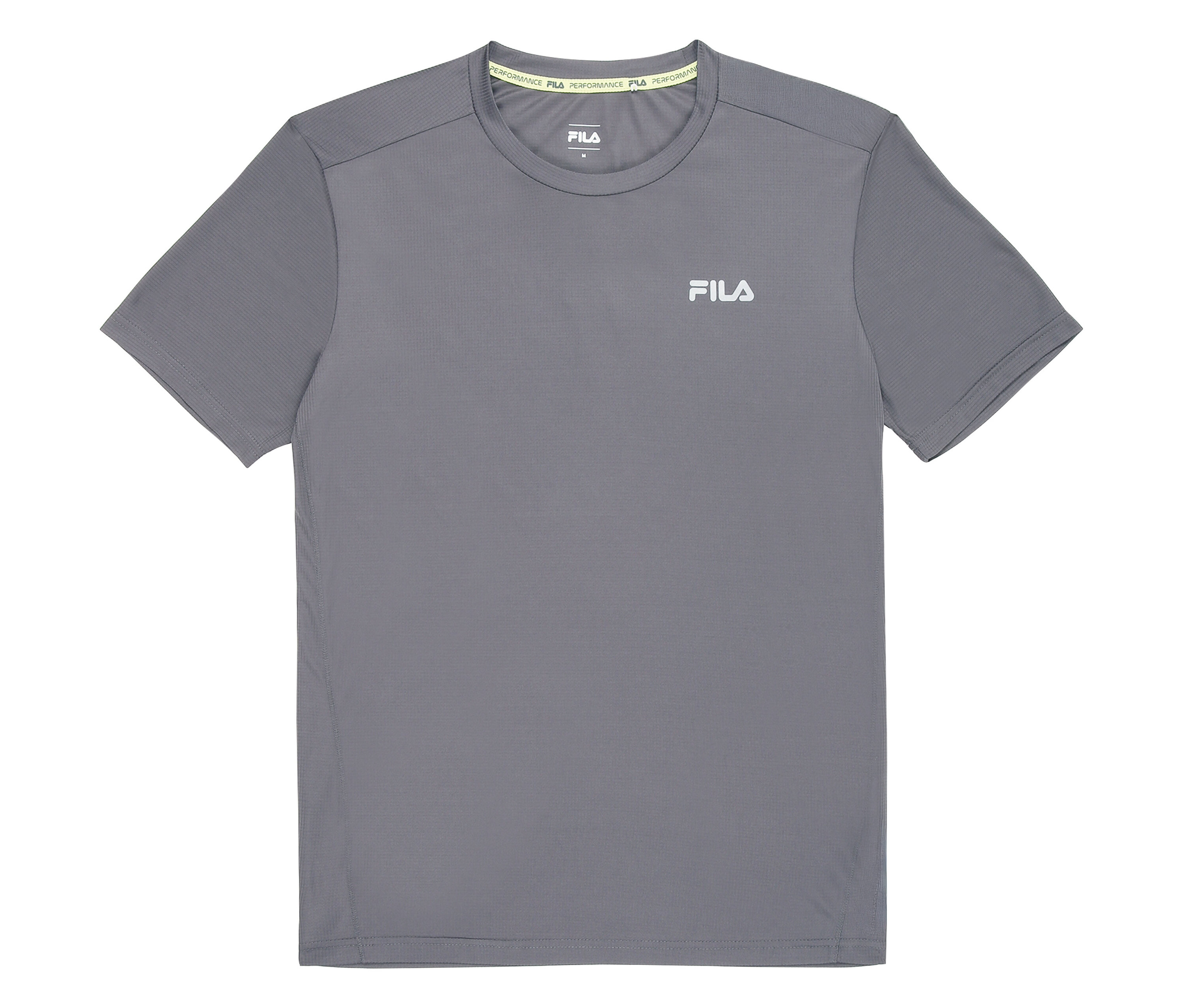 T-shirt technique gris FILA pour homme, à manches courtes et logo sur la poitrine.