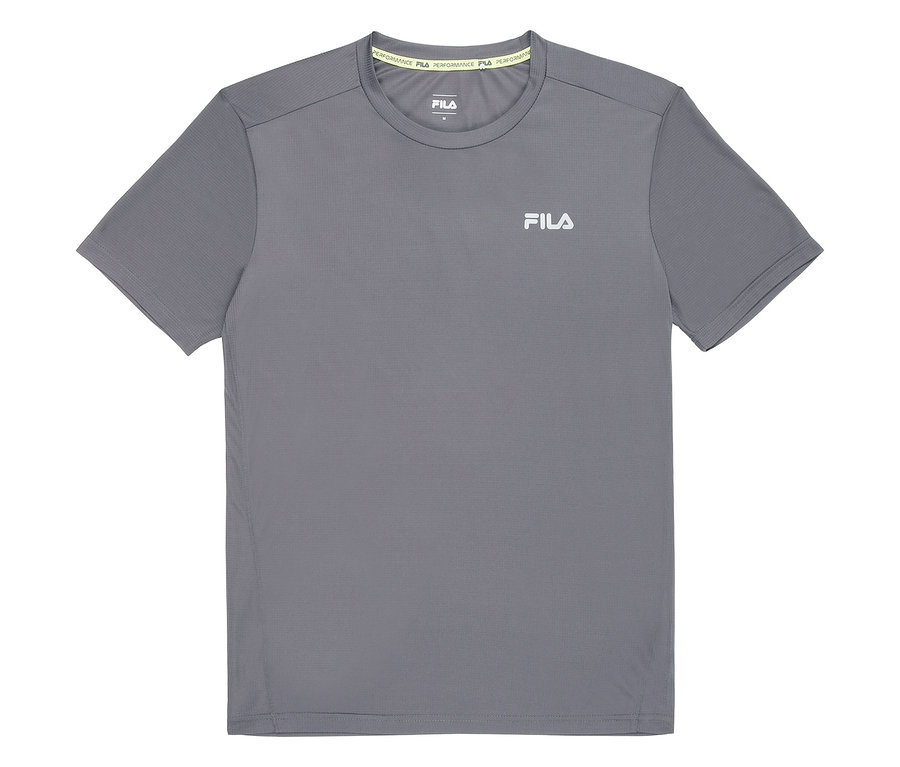 T-shirt technique gris FILA pour homme, à manches courtes et logo sur la poitrine.