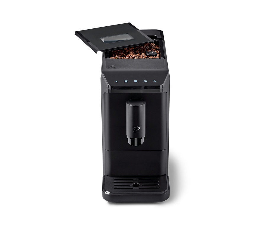 Machine à café noire « Esperto mini » avec réservoir à grains ouvert.
