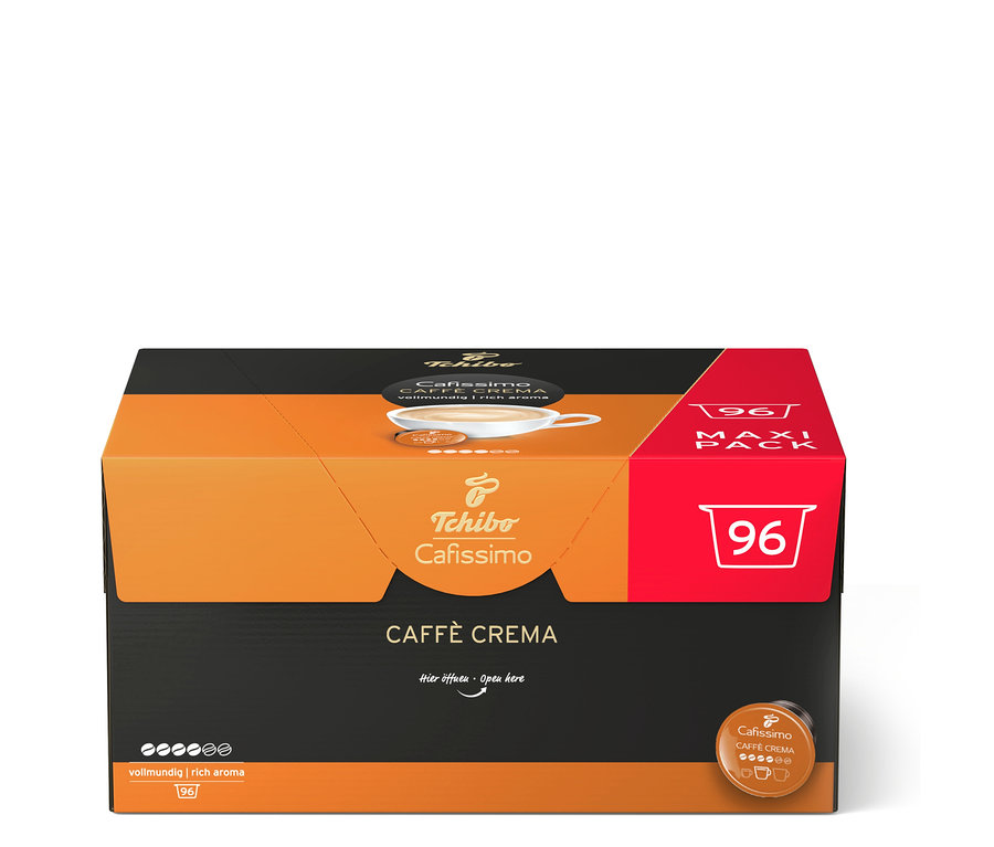 Boîte orange et noire de 96 capsules de café Tchibo Cafissimo Caffè Crema vollmundig (intense).