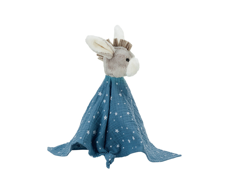 Doudou pour bébé avec une tête d'âne grise et une couverture bleue à étoiles blanches. La couverture froissée est étalée.