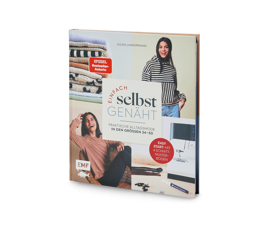 Couverture du livre 'Einfach selbst GENÄHT: Praktische Alltagsmode in den Größen 34-50' de Julika Landermann. La couverture présente un collage avec une pile de tissus, l'auteure souriante dans un haut rayé et un haut marron, et une machine à coudre avec des accessoires, avec la mention 'Easy Start: Mit 4 Schnitt-Muster-Bogen'.