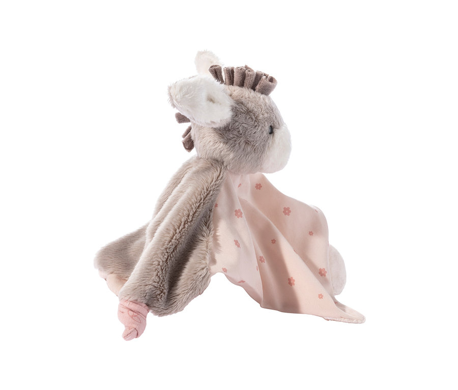 Doudou âne gris en peluche avec un corps de couverture rose orné de petits motifs de fleurs roses.