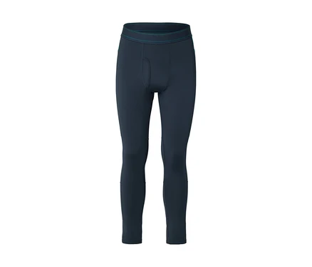 Legging thermique bleu foncé avec une ceinture élastique à rayures turquoise et une ouverture à l'avant, sur fond blanc.