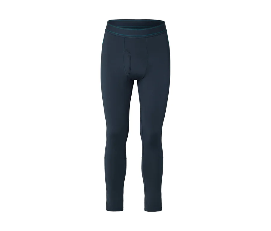 Legging thermique bleu foncé avec une ceinture élastique à rayures turquoise et une ouverture à l'avant, sur fond blanc.