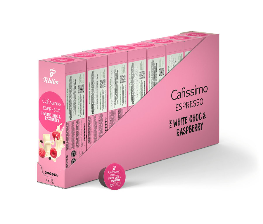 Paquet de Cafissimo Flavoured Espresso – White Choc & Raspberry – 80 capsules.