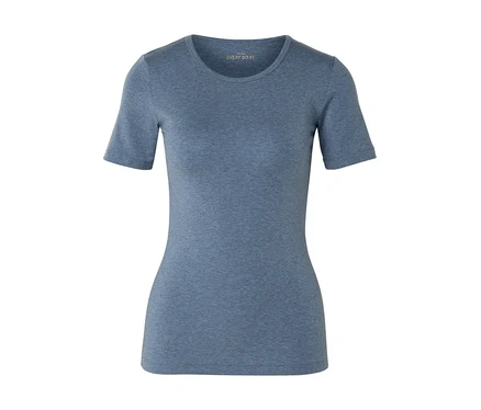 T-shirt bleu chiné ajusté à col rond et manches courtes. Une petite étiquette 'EVERY BODY' est visible à l'intérieur du col.