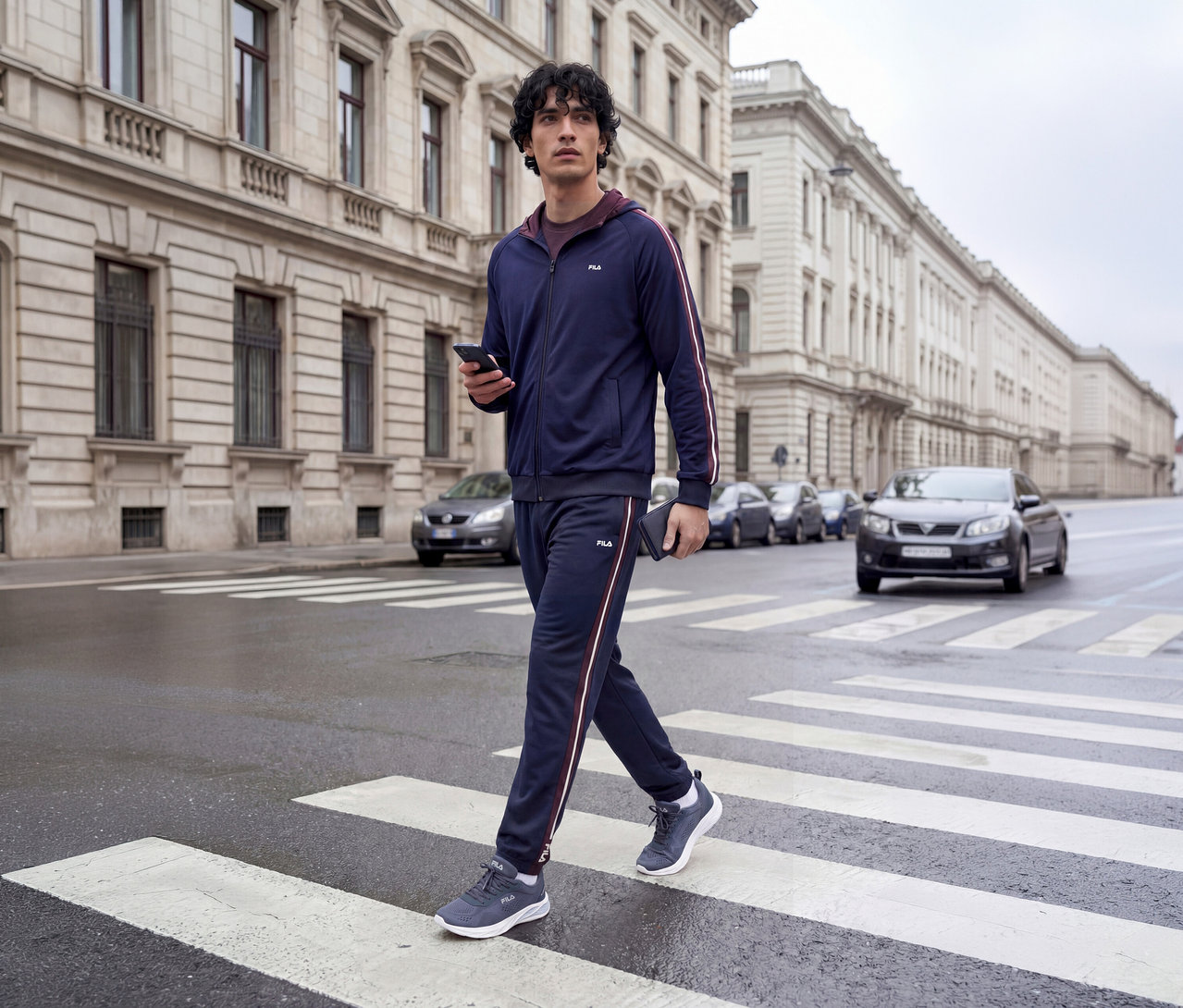 Jeune homme en survêtement bleu marine à rayures rouges et blanches traversant un passage piéton en ville, tenant un smartphone et un portefeuille.