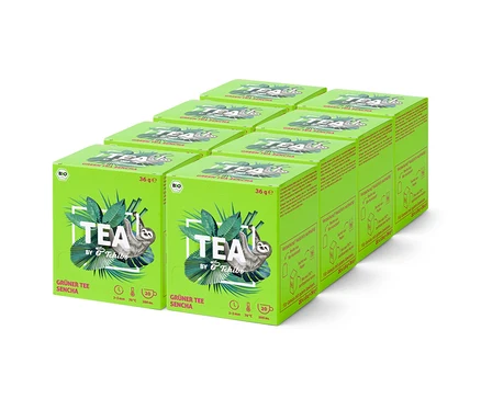 Neuf paquets verts de thé vert Sencha de Tchibo, avec une image de paresseux, sont disposés en grille 3x3.