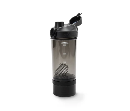 Un shaker à protéines noir avec une spirale métallique à l'intérieur.