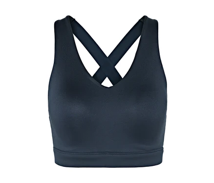 Soutien-gorge de sport bleu marine avec bretelles croisées dans le dos.