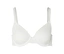 Soutien-gorge blanc à armatures et bretelles réglables sur fond blanc.