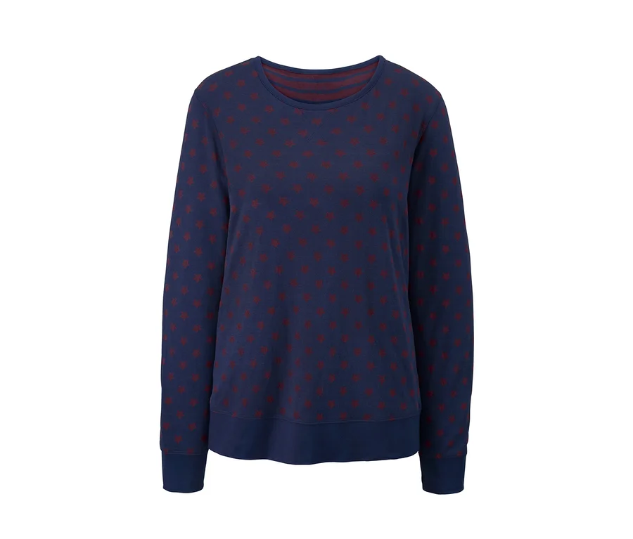 Pull bleu à manches longues avec imprimé rouge. Pyjama réversible.