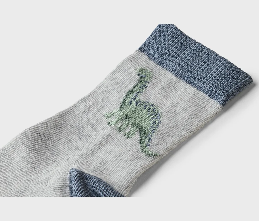 Gros plan d'une chaussette grise avec une bordure bleue et un motif de dinosaure vert.