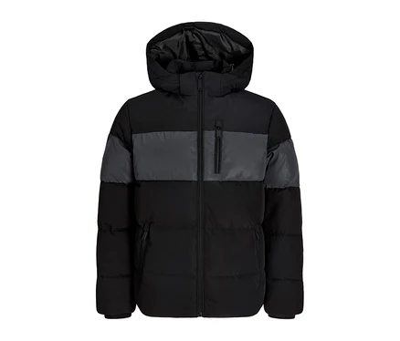 Doudoune réfléchissante Jack&Jones: Doudoune noire avec une bande horizontale grise sur la poitrine, des empiècements gris aux épaules, une capuche et des poches zippées.