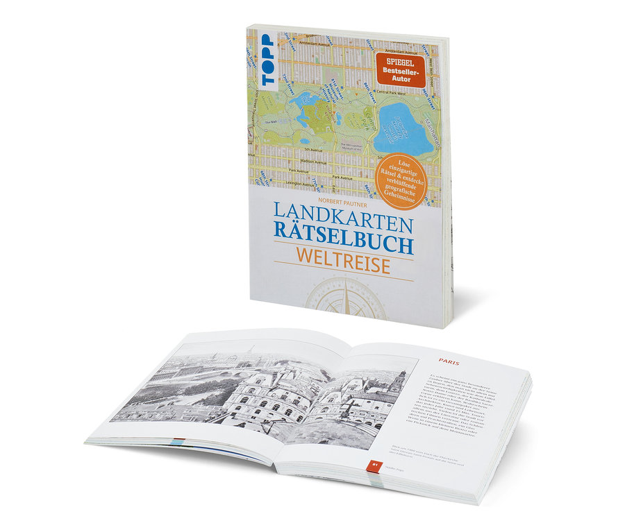 Sur l'image, il y a un livre, Landkarten-Rätselbuch Weltreise. Le livre ouvert montre une photo en noir et blanc de Paris.