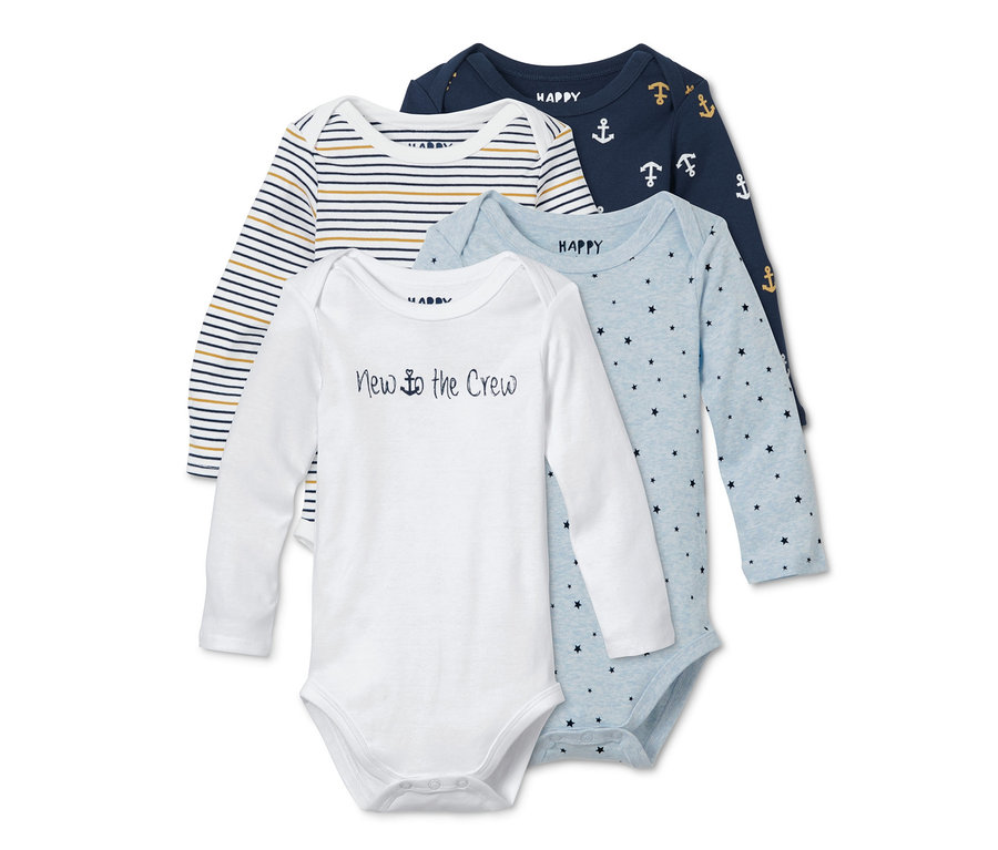 Quatre bodys à manches longues : un blanc avec un inscription, un bleu avec des étoiles, un rayé et un bleu marine avec des ancres.
