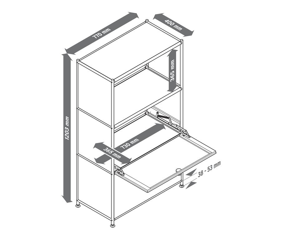 Schéma d'une étagère métallique avec 2 compartiments à abattants amovibles et indications de dimensions.