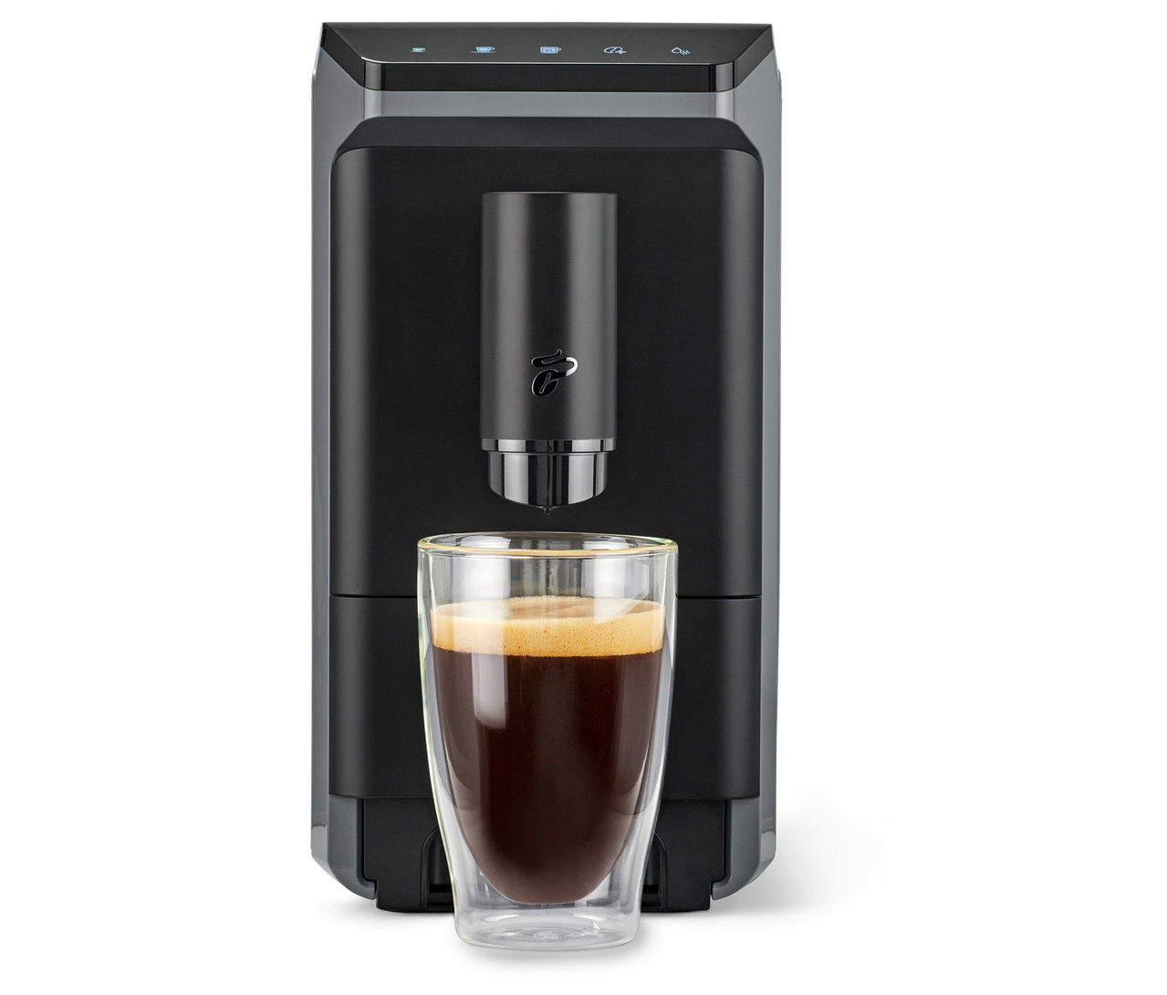 Machine à café noire « Esperto mini » avec une tasse de café.