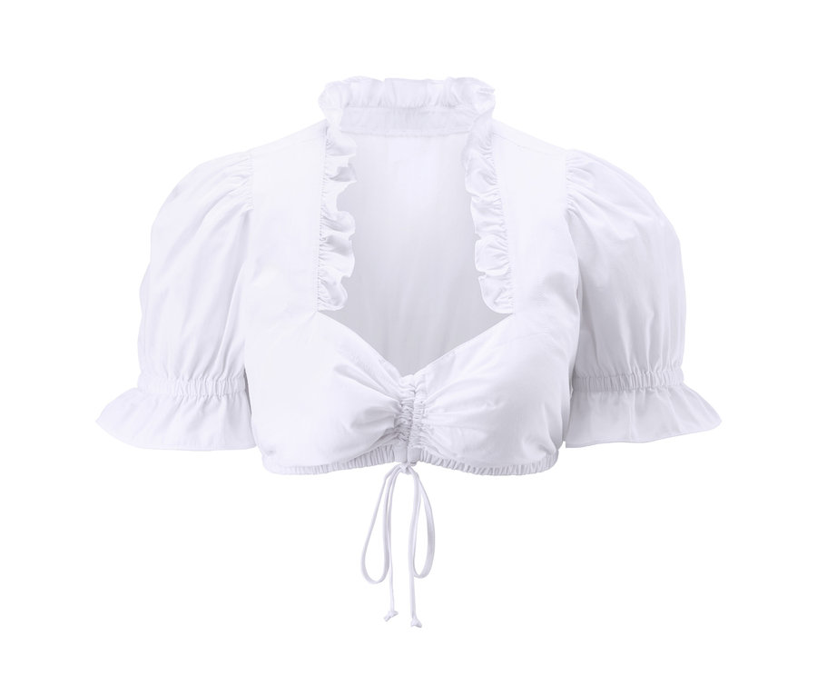 Chemisier blanc Dirndl avec manches courtes bouffantes et volants au col.