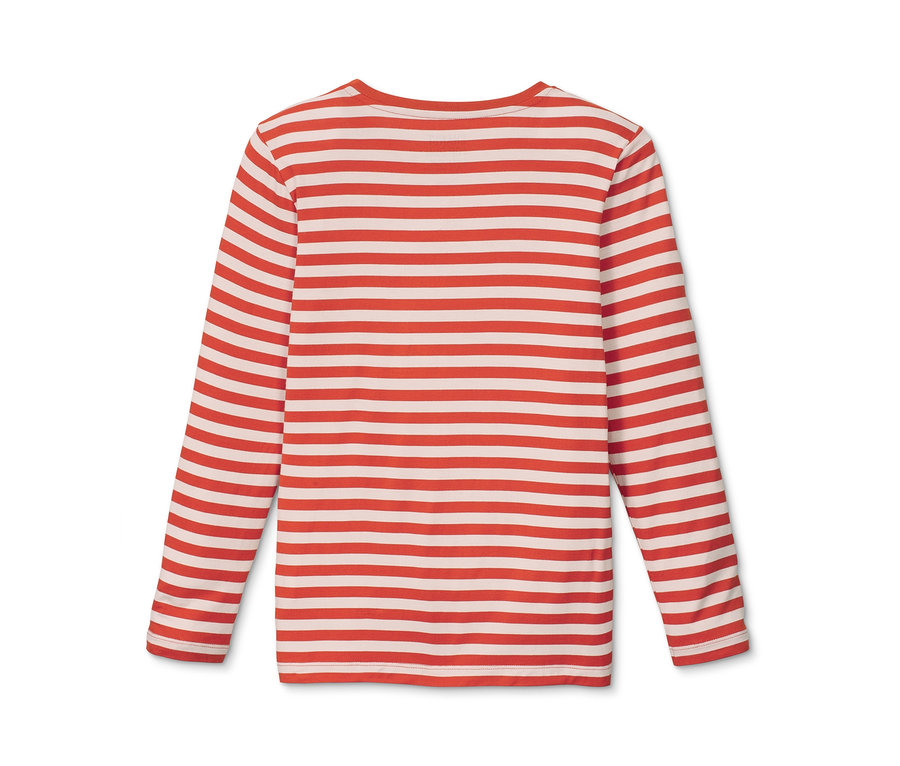 Vue détaillée de l'arrière d'un t-shirt à manches longues avec un nœud décoratif, orange-blanc à rayures.