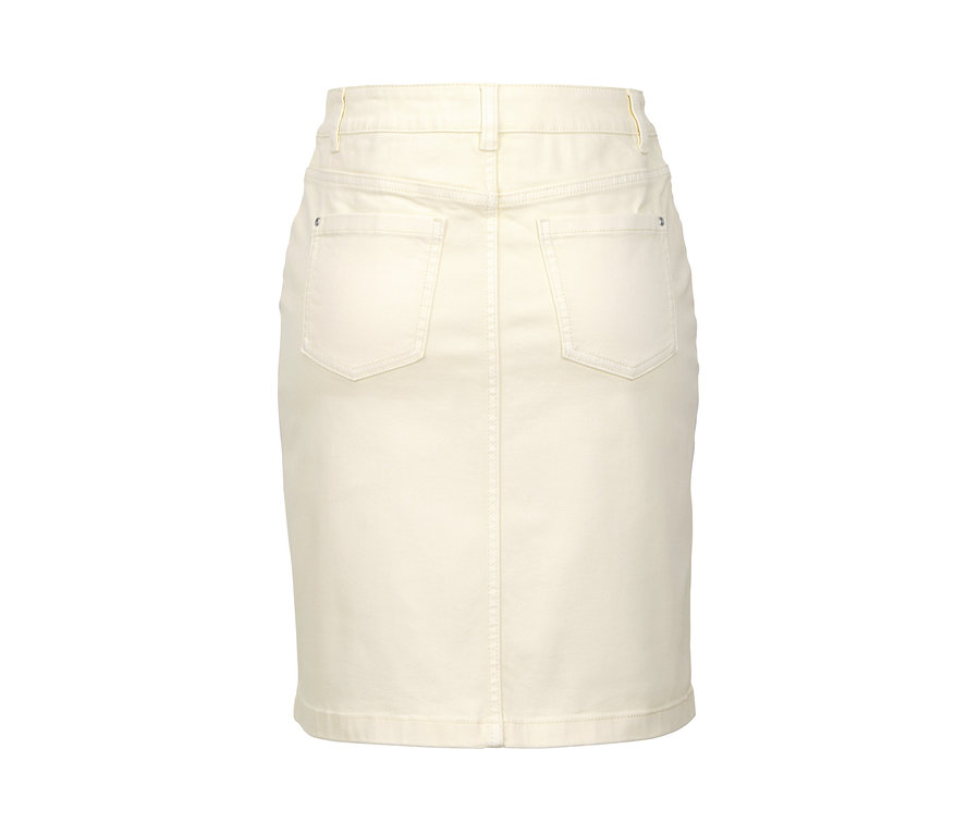 Vue détaillée de l'arrière d'une jupe en jean crème.