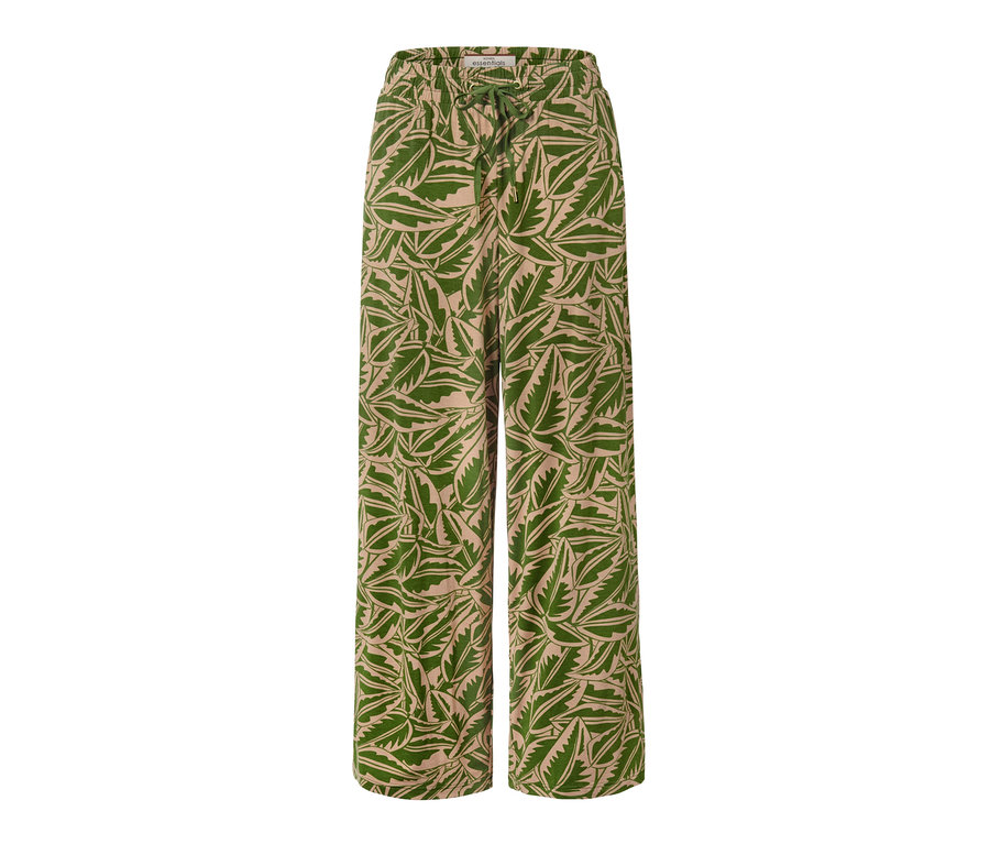 Pantalon palazzo imprimé vert et beige.